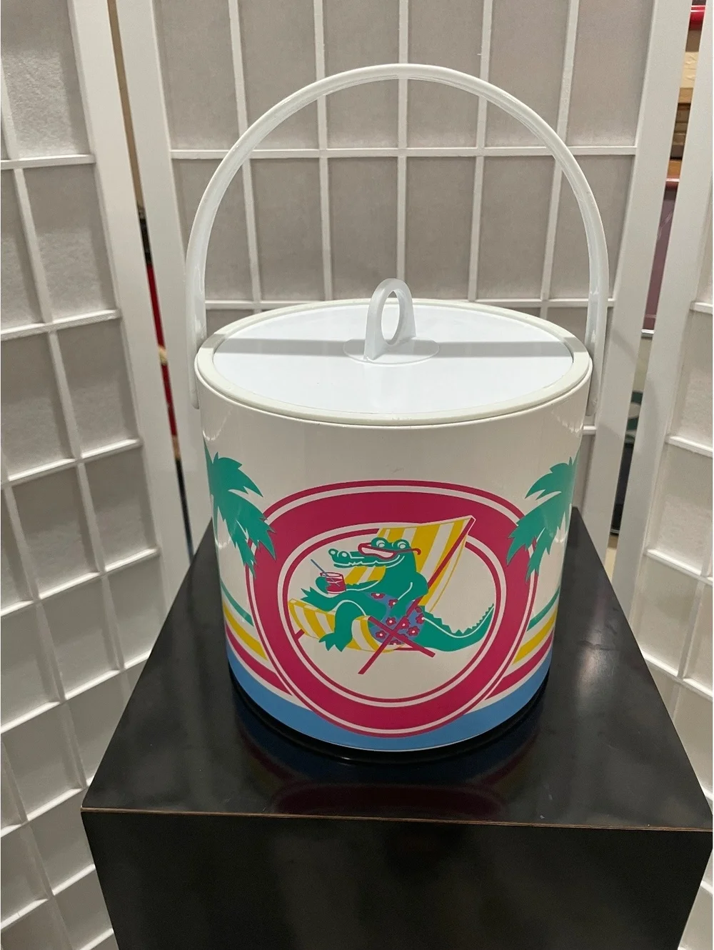 Vintage Plastic Ice Bucket with Handle and Colorful Surfing Alligator Design